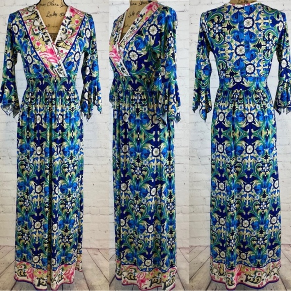 Lapogee Blue/Pink Boho Print Bell Sleeve Maxi